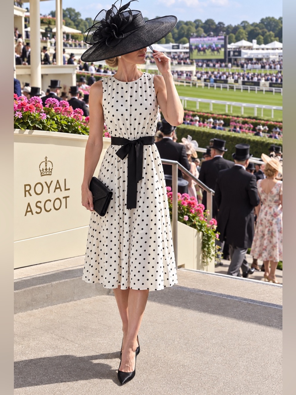 Polka Dot Sleeveless Dress with Black Belt